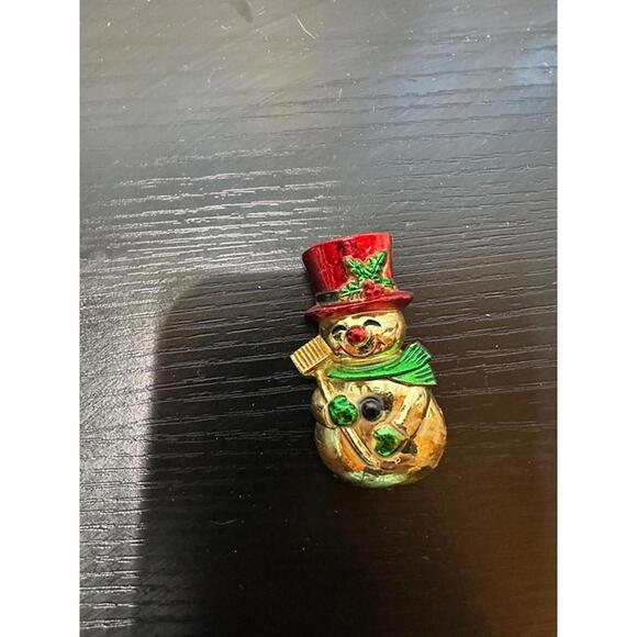 Other - Vintage Gold Snowman Christmas Pin – Red Hat & Green Scarf Holiday Brooch